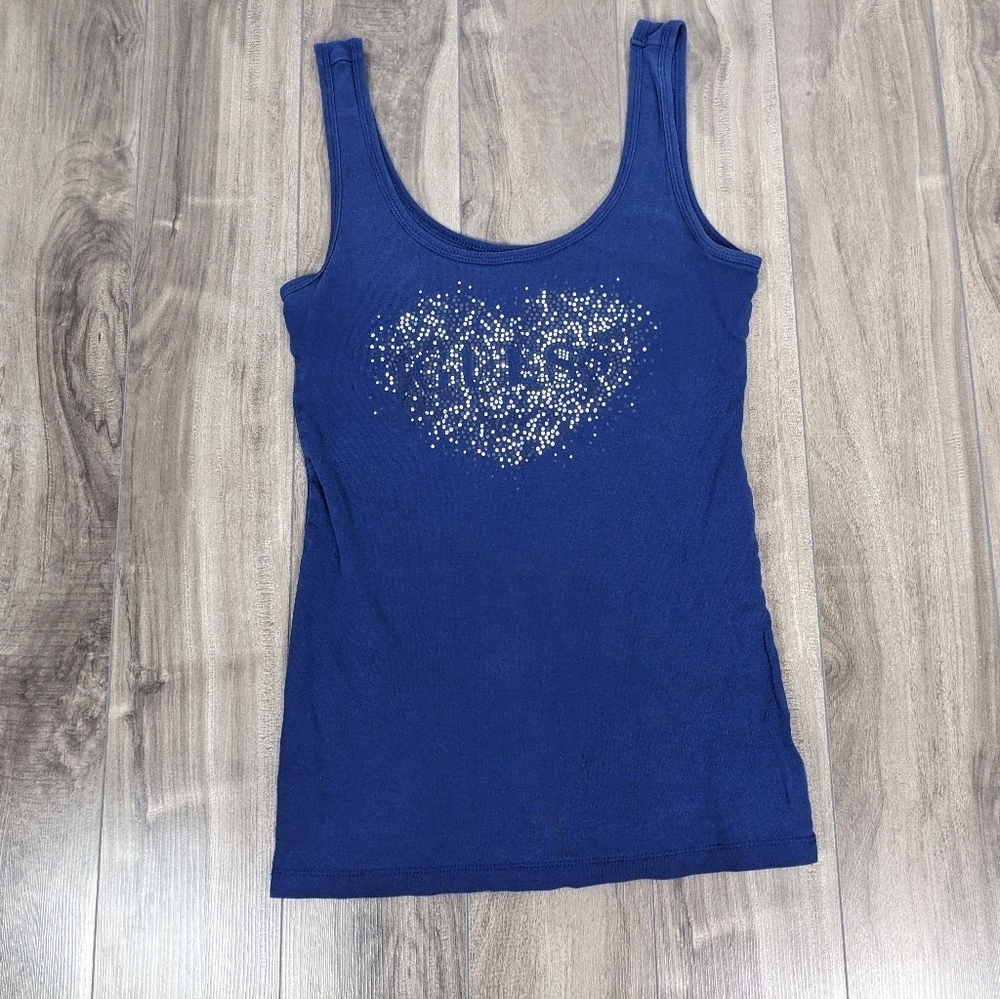 Guess Navy Blue Tank Top Rhinstone Bedazzled Spell Out Medium
